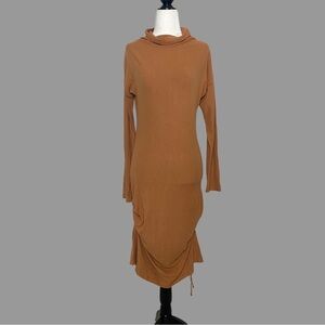 ❤️ M ❤️ NWT Anthro Midi Dress Mock Neck Ruched Casual Stretch Ribbed